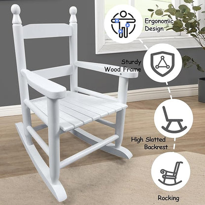 Toddler Rocking Chair for Kids Age 2-5, Hardwood Porch Rocker with Back Support & Armrest for Small Spaces Living Room Outdoor Garden, Easy Assembly (White)