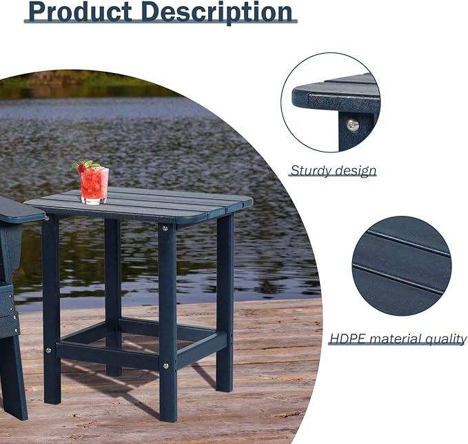 Aoodor 19'' Adirondack Side Table, Rectangular HDPE End Table, Weather Resistant and Easy Maintenance, Dark Blue
