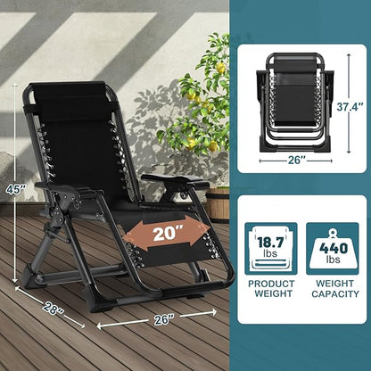 NAIZEA Padded Zero Gravity Chair, Folding Outdoor Lounge Chairs, Adjustable Reclining Camping Chairs with Cup Holder, Ergonomic Patio Lawn Chair for Balcony Beach Deck Yard