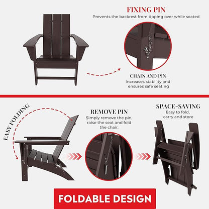 Costaelm Folding Adirondack Chairs, Outdoor Patio Adjustable Lawn Chairs, Weather Resistant Outside Firepit Chairs for Porch, Poolside, Garden, Backyard Deck, Dark Brown