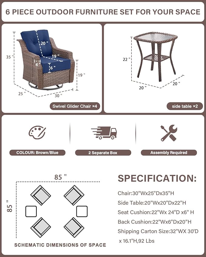 Belord 6-inch Thick Cushion Patio Furniture Set - Outdoor Swivel Rocker Glider Chairs Set of 4 with Glass Top Side Table - Photo 2