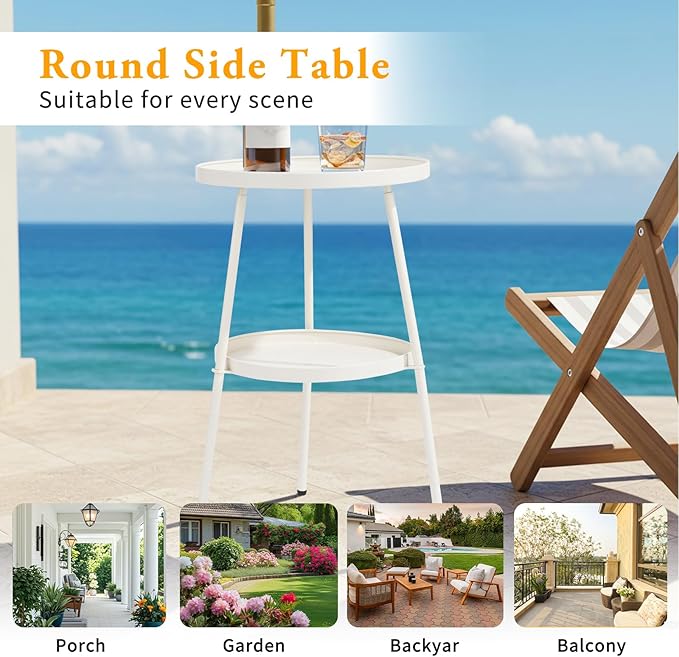 Outvita Outdoor Round Side Table, Small Metal End Table Black Coffee Table for Patio Lawn Garden Living Room Bedroom Sturdy (Double Layer, Creamy White)