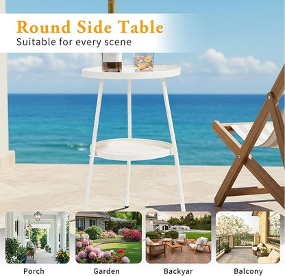 Outvita Outdoor Round Side Table, Small Metal End Table Black Coffee Table for Patio Lawn Garden Living Room Bedroom Sturdy (Double Layer, Creamy White)