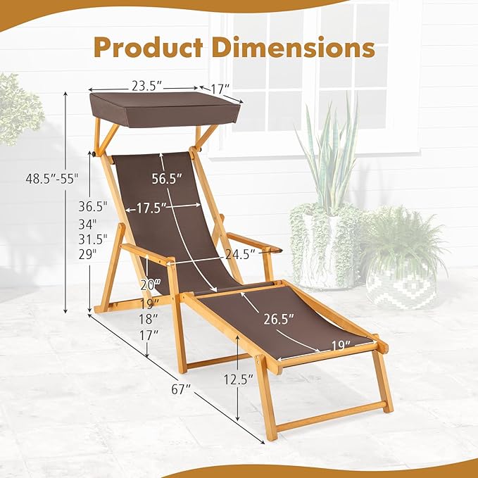Giantex Lounge Chair Outdoor, Foldable Beach Chaise Lounge with Adjustable Canopy, Replacement Fabric, Wood Frame, Reclining Backrest & Footrest, Camping Chair for Patio, Poolside, Beach (2, Brown)