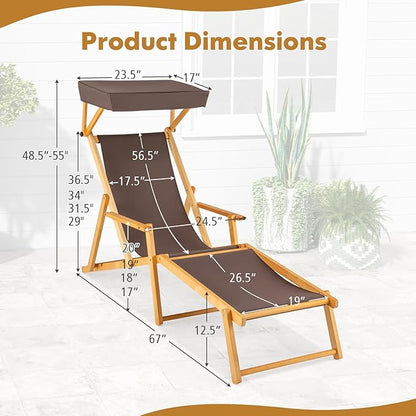 Giantex Lounge Chair Outdoor, Foldable Beach Chaise Lounge with Adjustable Canopy, Replacement Fabric, Wood Frame, Reclining Backrest & Footrest, Camping Chair for Patio, Poolside, Beach (2, Brown)