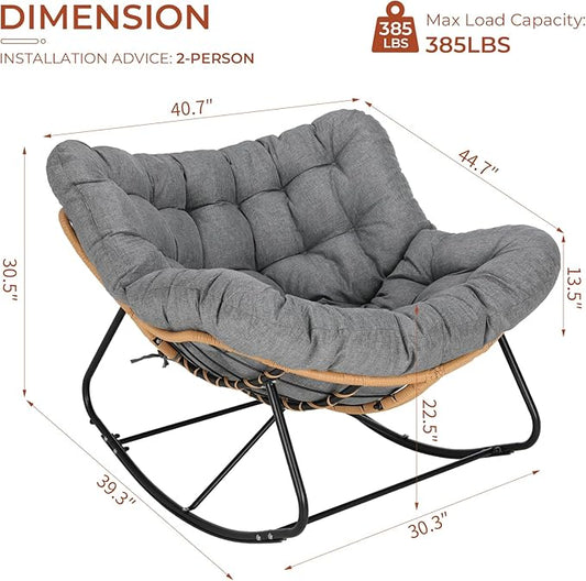 TLSUNNY Outdoor Papasan Rocking Chair, Oversized Padded Lounge Rocker with Cushion, Comfy Wicker Egg Lounge Chair, Large Indoor Rocking Recliner for Living Room/Porch/Garden (Dark Grey)