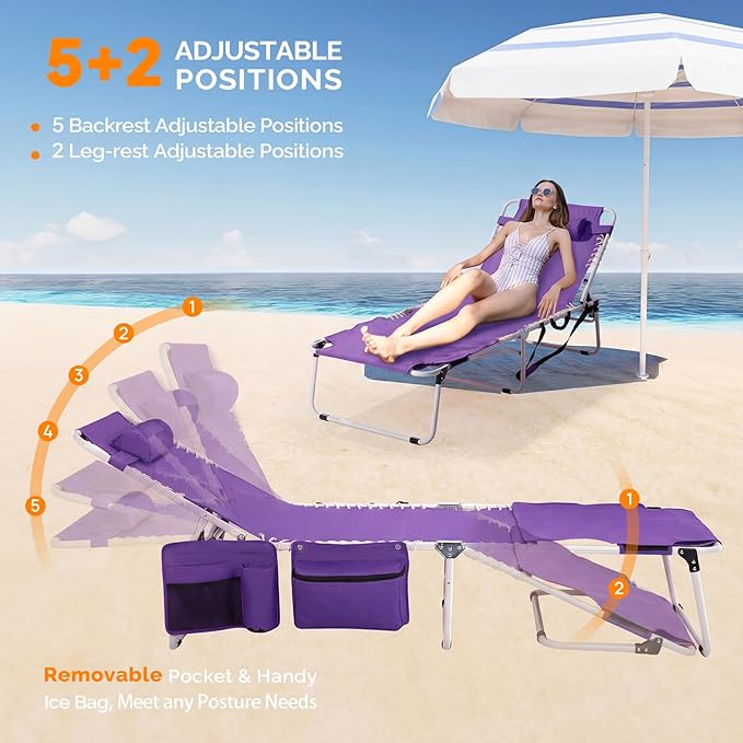 VINGLI Oversized Tanning Chair with Face Hole & Carrying Bag, Beach Lounge Chair Outdoor for Adults, Folding Lounge Chair for Sun Tanning, laying Out Chairs for Tanning Lounger Outside, 475lbs, Purple