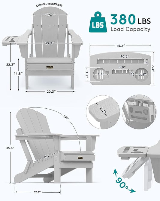 SERWALL Folding Adirondack Chair Set of 4, Outdoor Adirondack Chairs with 4 in 1 Cup Holder, Wood Texture Patio Chairs, Weather Resistant Fire Pit Chairs for Patio Deck Garden, Backyard - Spanish Gray