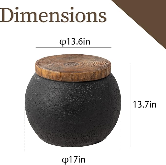 COSIEST 2 Pieces Outdoor Side Table,Set of 2 Black Drum Outdoor End Tables,17" Concrete Side Table,Patio Side Tables for Outside Faux-Wood Top Accent Table Stool for Livingroom,Bedroom,Garden