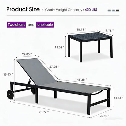 PURPLE LEAF Outdoor Chaise Lounge Chairs Set Recliner Aluminum Adjustable Chair with Wheels and Table for Poolside Beach Patio Reclining Sunbathing Lounger, Grey