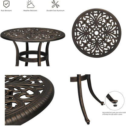 Patio Cast Aluminum Side Table with Umbrella Hole, Outdoor End Table Small Round Coffee Table for Backyard, Garden, Porch, Balcony, Pool Side, Indoor, Weather Resistant, Bronze
