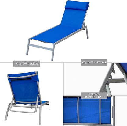Domi 3 Pieces Adjustable Chaise Lounge Set Outdoor Patio Lounge Chair All Weather Five-Position Recliner Chair Set w/Coffee Table for Patio, Pool, Yard (Blue)