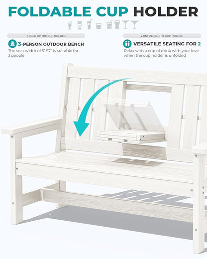 SERWALL Outdoor Bench with Cup Holder, 58" HDPE Garden Park Bench Suitable for 3 Person, All Weather Patio Benches with High Backrest and Wide Armrests for Garden, Park, Yard, Front Porch, White
