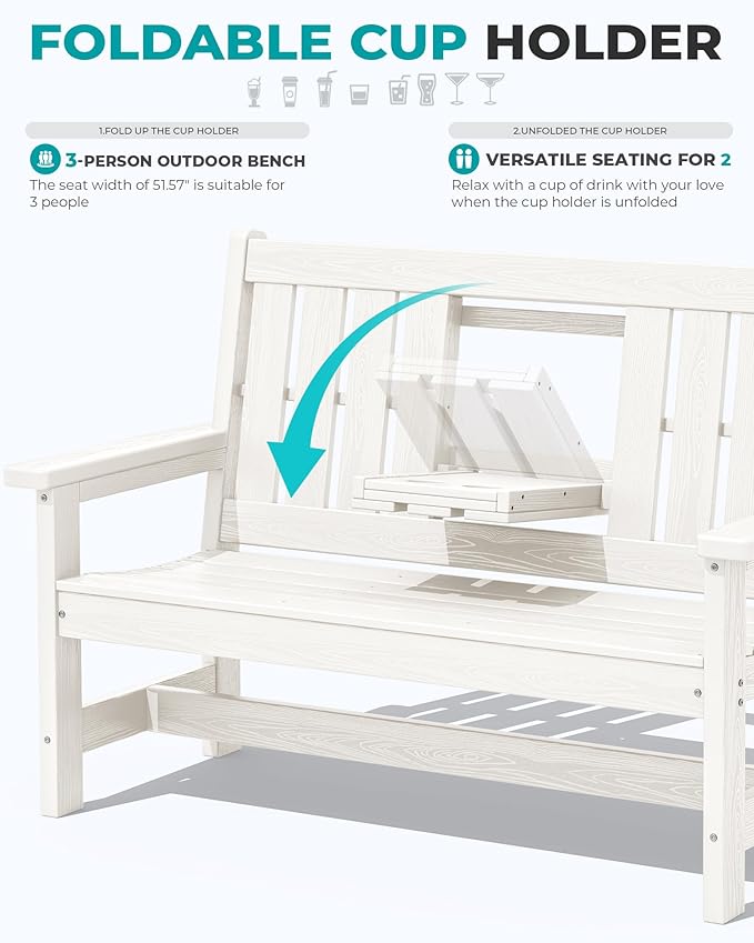 SERWALL Outdoor Bench with Cup Holder, 58" HDPE Garden Park Bench Suitable for 3 Person, All Weather Patio Benches with High Backrest and Wide Armrests for Garden, Park, Yard, Front Porch, White