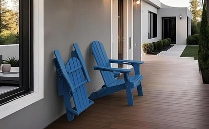 Folding Adirondack Chair Set of 2, Wooden Textured Plastic Adirondack Chairs with 2 Cup Holder, Weather Resistant HDPE Fire Pit Chair, Outdoor Patio Chairs for Garden, Backyard, Lawn, Deck, Blue