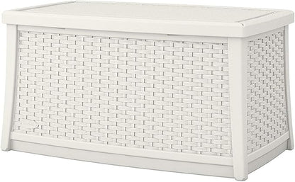 Suncast Elements 30-Gallon End Table with Storage - Lightweight Resin Outdoor Storage Patio and Coffee Table for Cushions, Gardening Tools and Toys - Store Items on Patio - White, Made in the USA