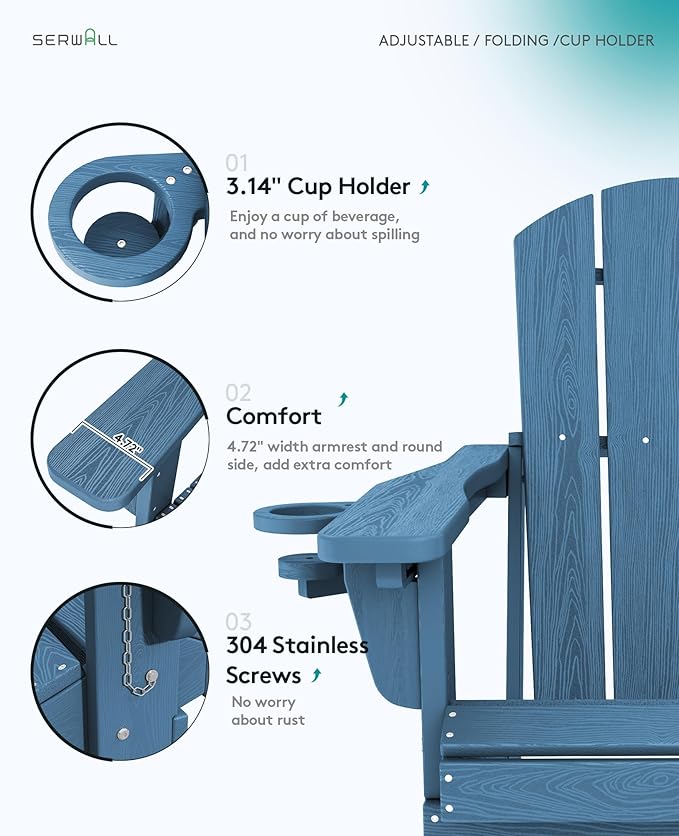 SERWALL Folding Adirondack Chair Set of 4, Adjustable Adirondack Chair with 3 Recline Positions, All Weather HDPE Outdoor Adirondack with Cup Holders, Blue
