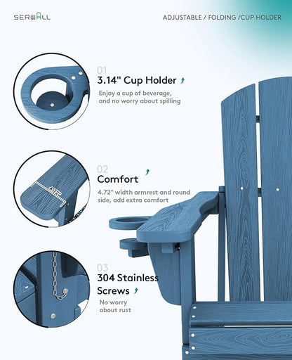 SERWALL Folding Adirondack Chair Set of 4, Adjustable Adirondack Chair with 3 Recline Positions, All Weather HDPE Outdoor Adirondack with Cup Holders, Blue