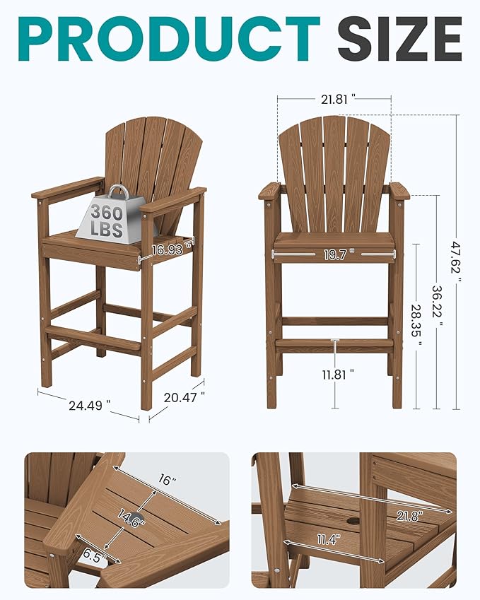 SERWALL Tall Adirondack Chairs Set of 4 with Double Layer Connecting Tray, HDPE Bar Height Outdoor Chairs - Photo 2
