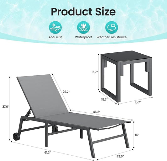 Amopatio 3 Piece Patio Lounge Chairs Set 2 Pool Chaise Lounges with Wheels and 1 Side Table 5-Position Adjustable Lounge Furniture with Heavy-Duty Steel for Backyard Poolside,400 LBS Capacity,Gray