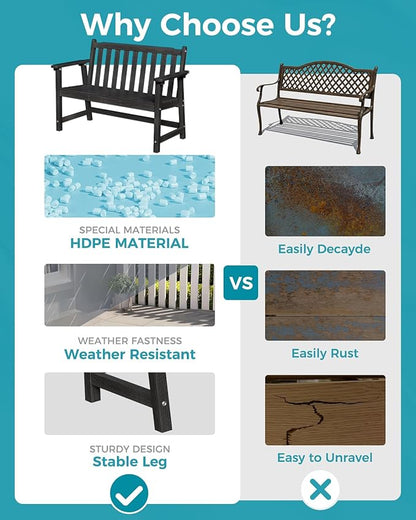 Outdoor Bench, 2-Person HDPE Garden Bench, All Weather Poly Patio Bench for Outdoors, Garden, Backyard, Porch and Park, 550 lbs Weight Capacity, Black