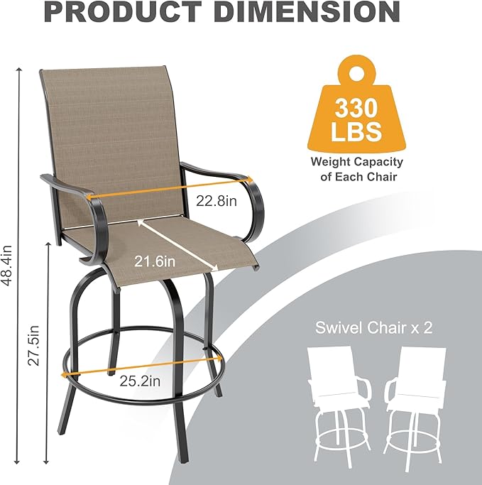 Swivel Bar Stools 2-Piece Set, Outdoor Patio Bar Height Chairs with Rust-Resistant Metal Frame & All-Weather Textile, Taupe High Top Stools for Garden, Balcony, Backyard(Brown)