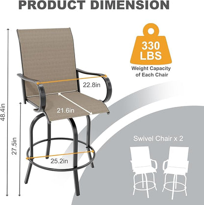 Swivel Bar Stools 2-Piece Set, Outdoor Patio Bar Height Chairs with Rust-Resistant Metal Frame & All-Weather Textile, Taupe High Top Stools for Garden, Balcony, Backyard(Brown)