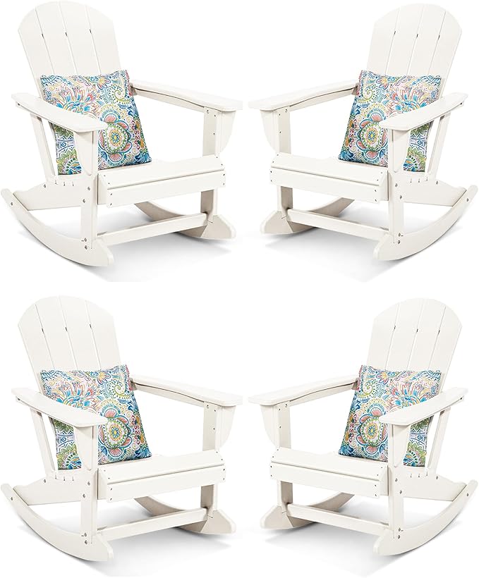 Sundale Outdoor Rocking Chair Set of 4 with Pillow, Patio Plastic All Weather Adirondack Rocker for Proch, Water Resistant for Outside, Garden, Pool, Yard, White