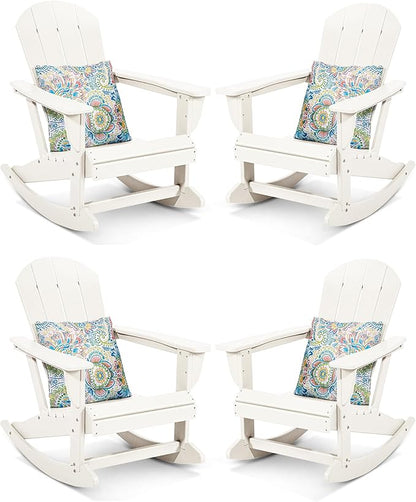 Sundale Outdoor Rocking Chair Set of 4 with Pillow, Patio Plastic All Weather Adirondack Rocker for Proch, Water Resistant for Outside, Garden, Pool, Yard, White