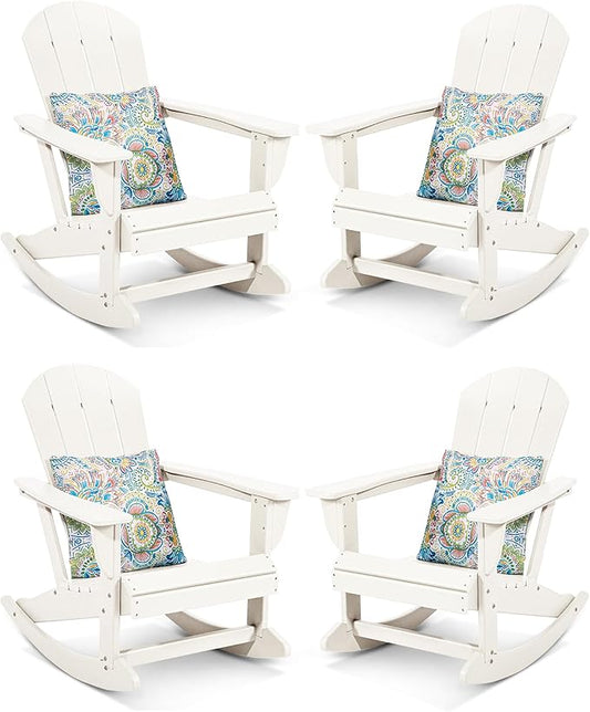 Sundale Outdoor Rocking Chair Set of 4 with Pillow, Patio Plastic All Weather Adirondack Rocker for Proch, Water Resistant for Outside, Garden, Pool, Yard, White