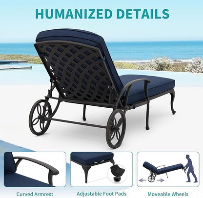 HOMEFUN Outdoor Chaise Lounge Chair with Cushion - Poolside Set of 1 Chair for Outside Cast Aluminum Waterproof Lounger with Wheels and Adjustable Reclining (Navy Blue Cushion)