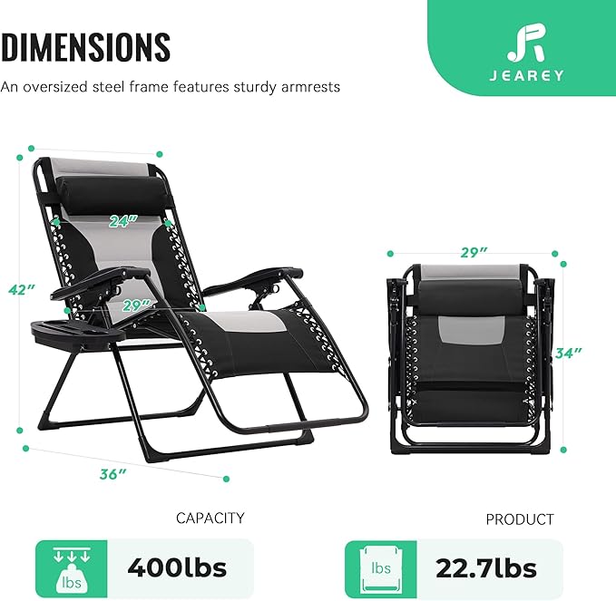 JEAREY Oversized Padded Zero Gravity Chairs, Folding Lounge Chair Outdoor Patio Recliner, Anti Gravity Chair for Backyard with Headrest, Cup Holder, Side Tray, Polyester Mesh - Black/Gray
