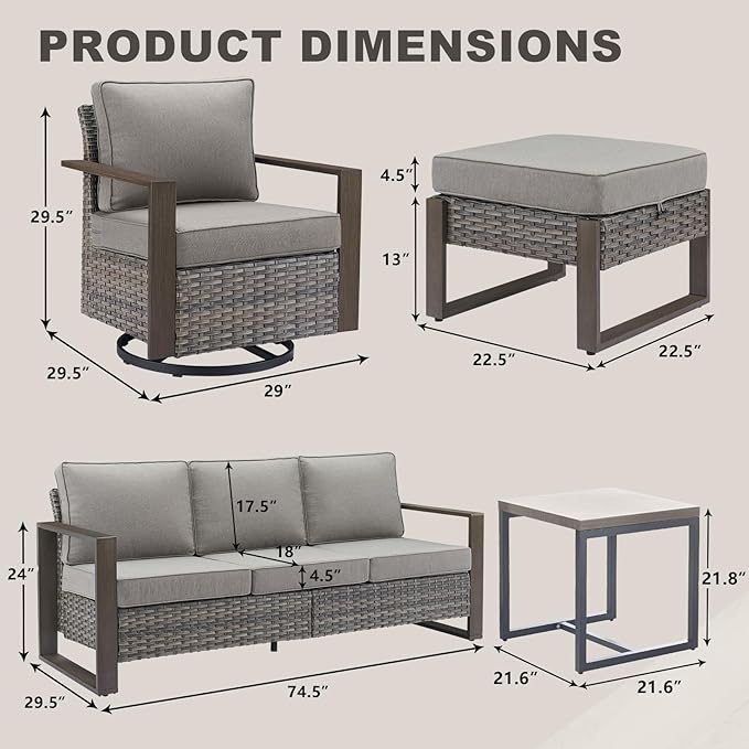 Rilyson Outdoor Wicker Patio Furniture Set - 6 Pieces Patio Conversation Set with 2 Wicker Swivel Rocker Chairs,2 Rattan Ottoman,1 Side Table and 1 Couch,Thick Cushions,Deep Seating(Mixed Grey/Grey)