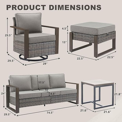Rilyson Outdoor Wicker Patio Furniture Set - 6 Pieces Patio Conversation Set with 2 Wicker Swivel Rocker Chairs,2 Rattan Ottoman,1 Side Table and 1 Couch,Thick Cushions,Deep Seating(Mixed Grey/Grey)