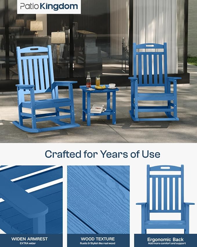 Classic Outdoor Rocking Chair Set of 1, HDPE Patio Rocking Chairs with Slat Back & Wide Armrests - Photo 3
