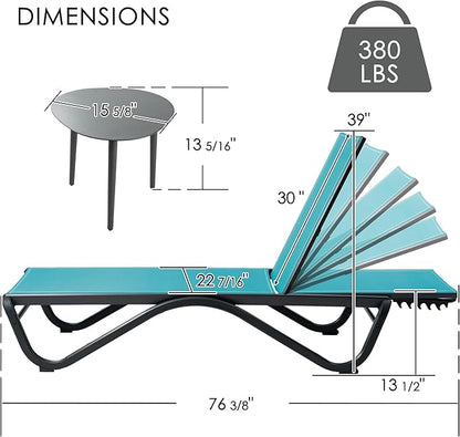 Kozyard Outdoor Chaise Lounge Chair, Full Aluminum Frame and Textilene Fabric, Adjustable Reclining Patio Lounger for Poolside, Sunbathing & Backyard(Aqua, 2Chairs with Table)