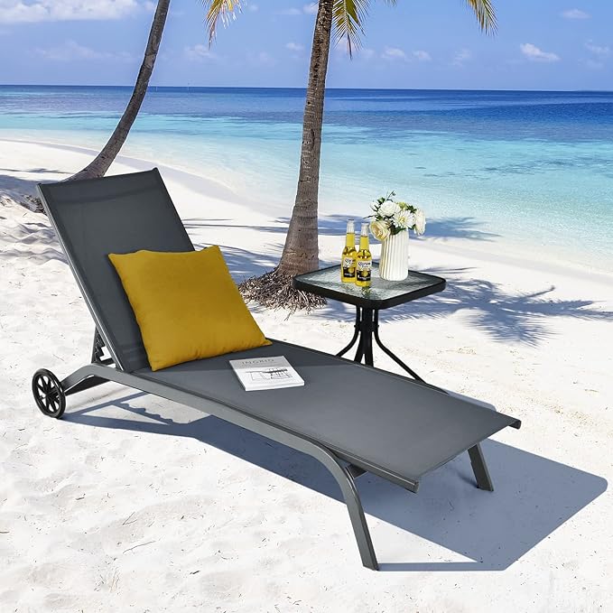 Giantex Patio Lounge Chairs for Pool Area, Outdoor Chaise Lounger with 6 Adjustable Position Smooth Wheels and Quick-Drying Fabric, Lawn Recliner for Backyard, Garden Sunbathing Chair (2, Gray)