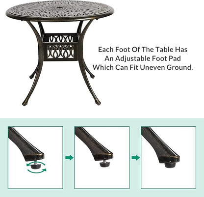 VIVIJASON 35.4" Outdoor Patio Dining Round Table Bronze Cast Aluminum Rustic Large Patio Table with Umbrella Hole