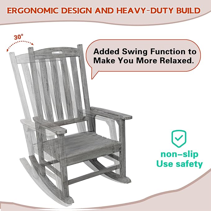 Wooden Rocking Chair Outdoor, Ergonomic High Back Patio Rocking Chairs, Porch Rocker for Backyard/Lawn/Patio/Garden/Balcony/FirePit/Indoor (Light Gray-1)