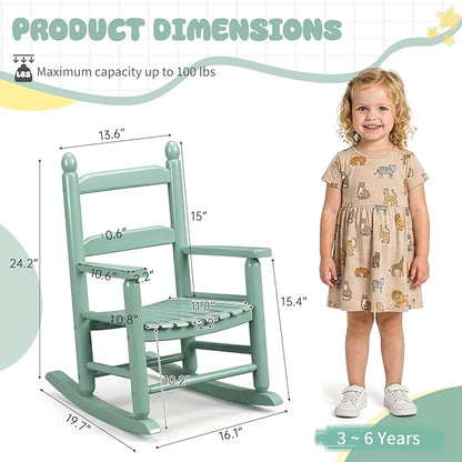 Outvita Kids Rocking Chair, Ergonomic Sturdy Toddler Rocking Chair with High Backrest & Rounded Armrests, Safe Solid Wood Baby Rocker Chair for Age 3-6, Outdoor, Living Room, Reading Room(Green)