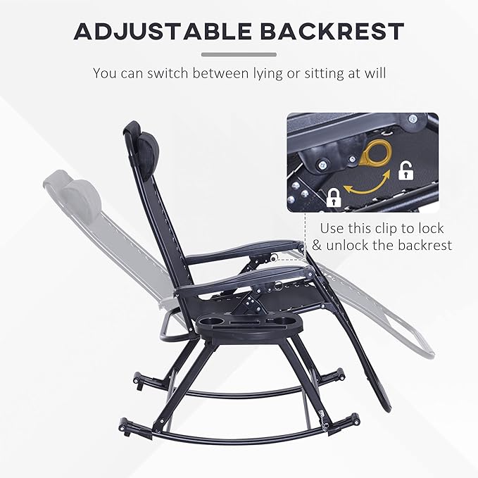Outsunny Outdoor Rocking Chairs, Foldable Reclining Zero Gravity Lounge Rocker with Pillow, Cup & Phone Holder, Combo Design with Folding Legs, Black