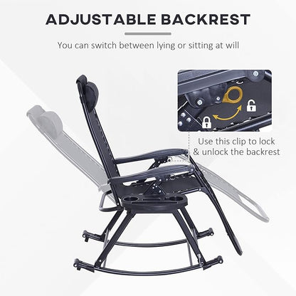 Outsunny Outdoor Rocking Chairs, Foldable Reclining Zero Gravity Lounge Rocker with Pillow, Cup & Phone Holder, Combo Design with Folding Legs, Black