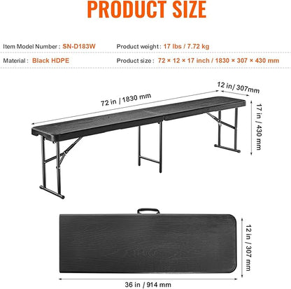 VEVOR Plastic Folding Bench, 6ft Portable Folding Bench, Smooth High Density Polyethylene Waterproof Outdoor Bench, Picnic Camping Table with Handle for Garden Soccer Playtime, Black (1 Pack)