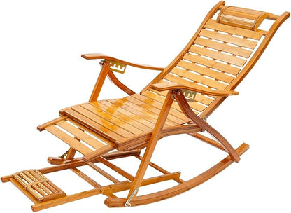 Foldable Bamboo Rocking Chair, Adjustable Back Patio Reclining Chair with Seat Cushion & Foot Massager, Foldable Outdoor Chaise Lounge Chair for Backyard Yard Pool Beach Load Capacity 330Lbs