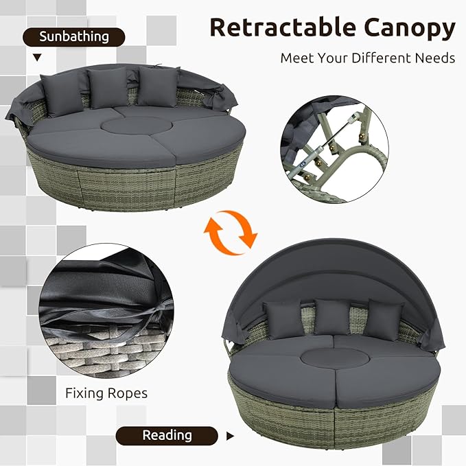 Tangkula Patio Round Daybed with Retractable Canopy, Outdoor Wicker Rattan Furniture Set, Sectional Cushioned Sofa Set with Height Adjustable Coffee Table, Rattan Conversation Set (Grey)