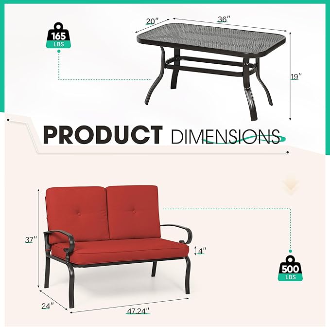 Incbruce Patio Loveseat with Coffee Table - Outdoor Bench with Cushion,2 Piece Wrought Iron Outdoor Loveseat Metal Frame Porch Furniture Set Bench for Patio, Poolside, Garden (Red)