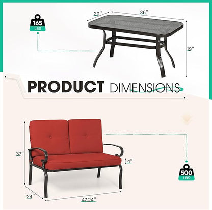Incbruce Patio Loveseat with Coffee Table - Outdoor Bench with Cushion,2 Piece Wrought Iron Outdoor Loveseat Metal Frame Porch Furniture Set Bench for Patio, Poolside, Garden (Red)