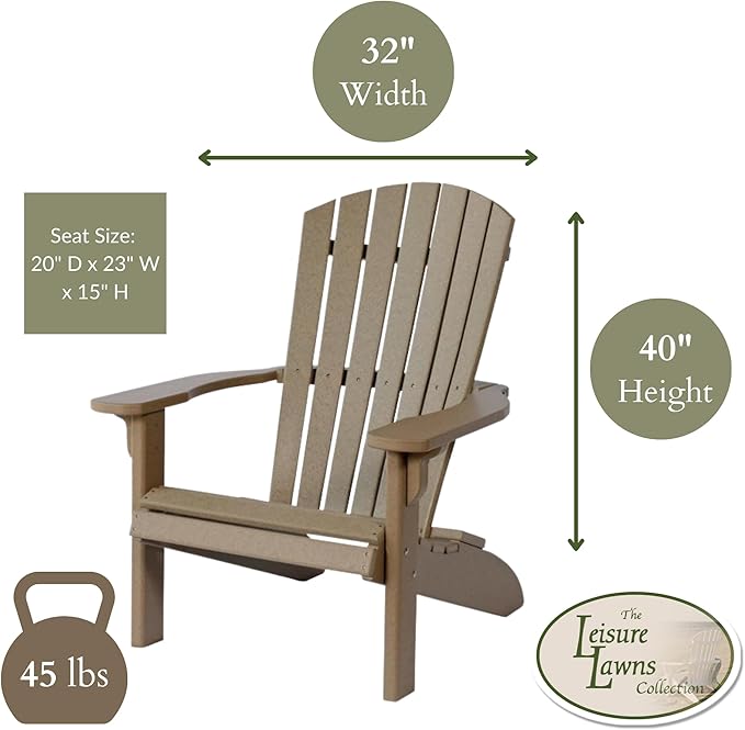 Leisure Lawns Poly Plastic Fanback Adirondack Chair, Outdoor Patio Chair - Amish Made in USA (Weatherwood on Brown)