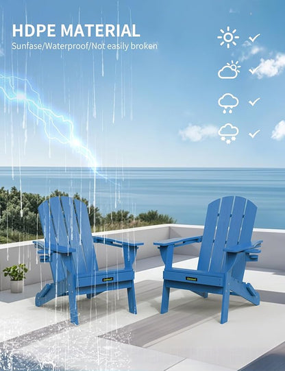 Folding Adirondack Chair Set of 4, Wooden Textured Plastic Adirondack Chairs with 2 Cup Holder, Weather Resistant HDPE Fire Pit Chair, Outdoor Patio Chairs for Garden, Backyard, Lawn, Deck, Blue