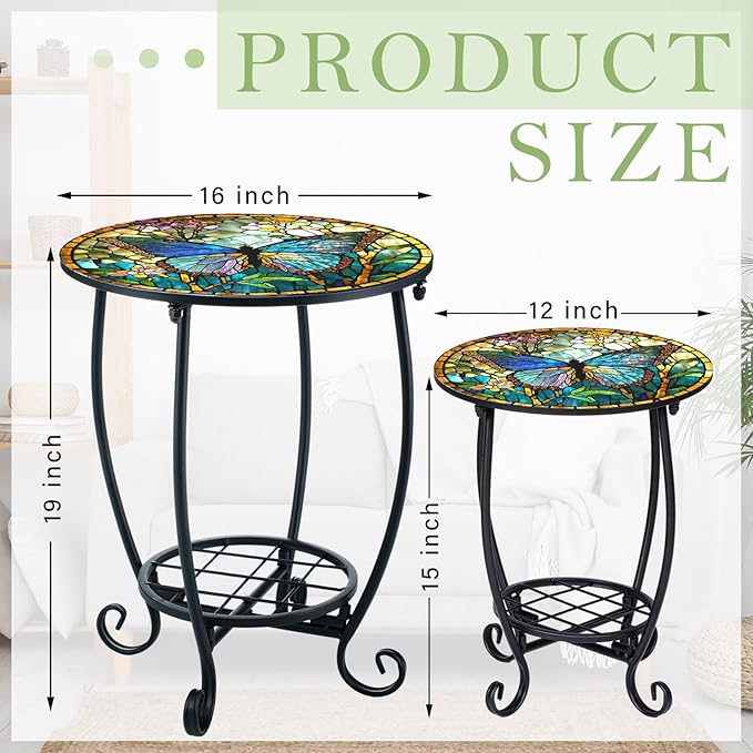 2 Pcs Outdoor Side Table Small Patio Round Mosaic Accent End Table Indoor Plant Metal Coffee Tea Tables for Patio Yard - Photo 3